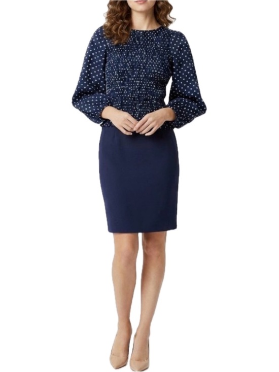 ICHI Tops - ICHI Danish Polka Dot Blouse Navy White Ruched Puff Sleeve Size 4 EUC